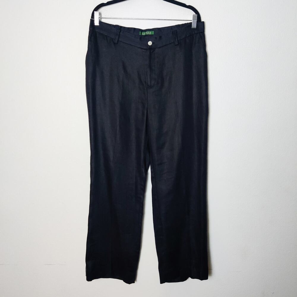 Lauren Ralph Lauren 100% Linen Black Wide Leg Trousers 14W Minimalist Classic